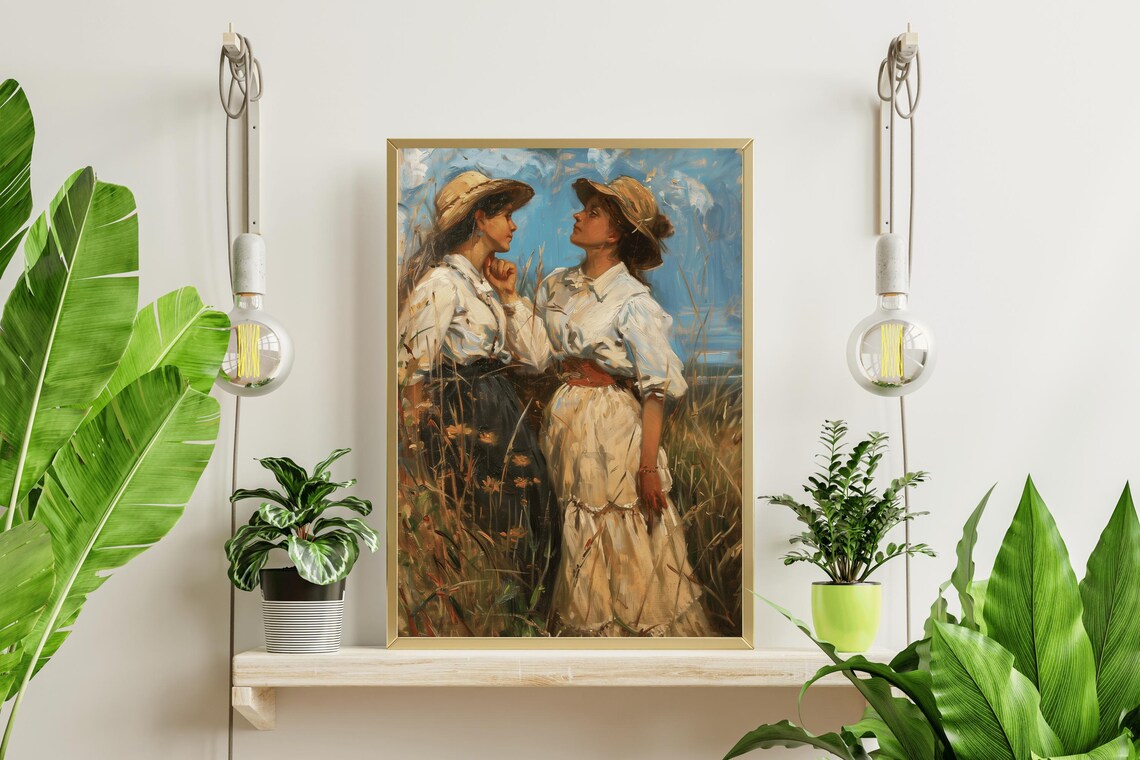 Two Young Women Golden Field Vintage Figurative Oil Painting Print - Image 4