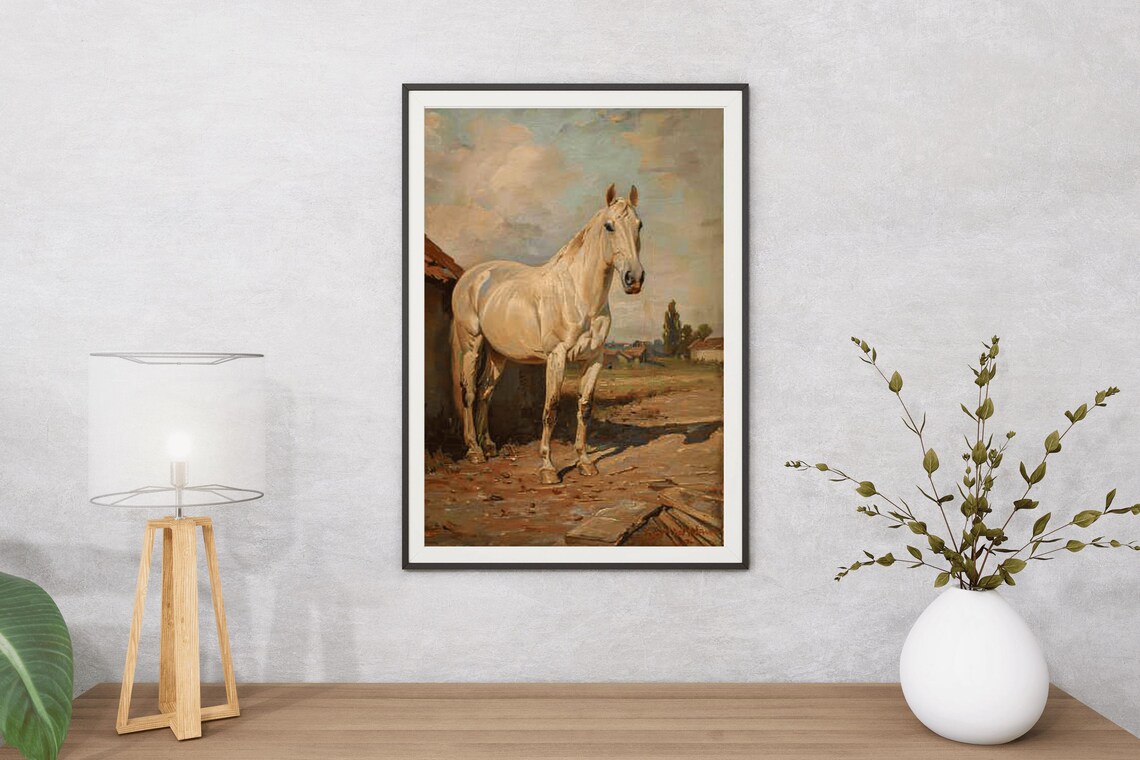 White Horse Standing Farmyard Classic Traditional Equine Oil Painting - Image 5