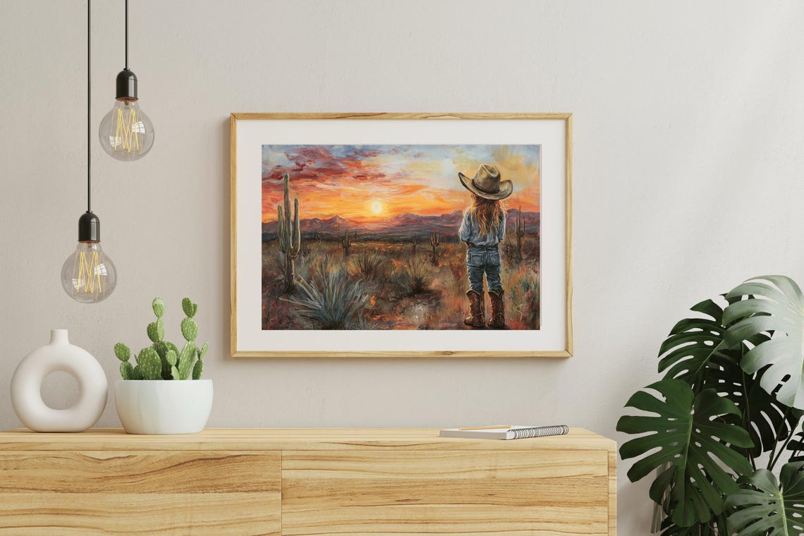 Little Cowgirl Watching Desert Sunset Saguaros Western Art Print - Image 5