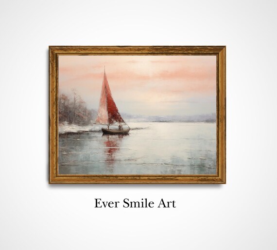 Red Sails Sailboat Sunset Vintage Oil Painting Nautical Wall Art