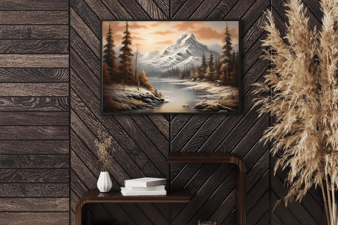 Snowcapped Peak Autumn Pines Sunset River Vintage Oil Painting Print - Image 2
