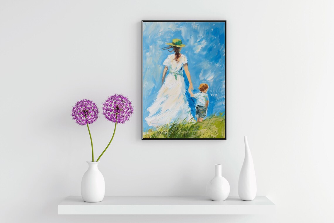 Mother And Child Walking In Summer Field Vintage Oil Painting Poster - Image 3