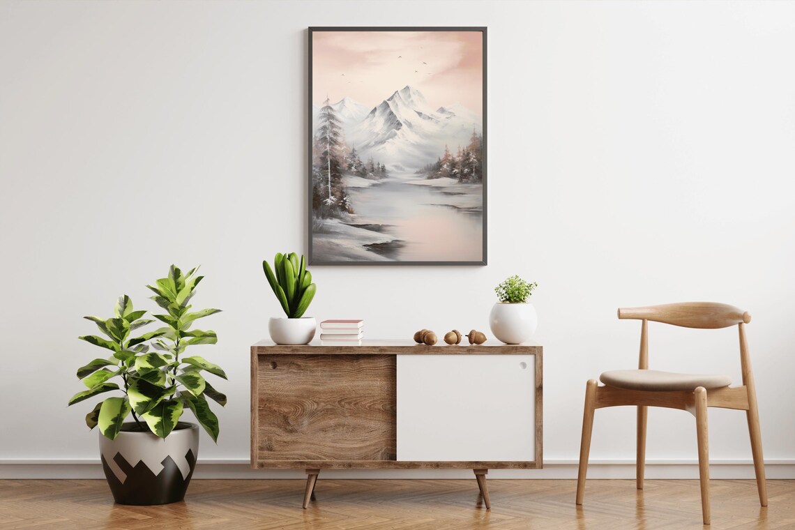 Snowcapped Mountain Pink Sky Still Lake Vintage Oil Painting Poster - Image 4