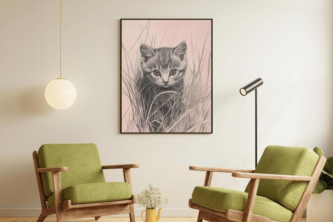 Tabby Kitten Sketch In Grass Vintage Cat Nursery Wall Art Poster - Image 2