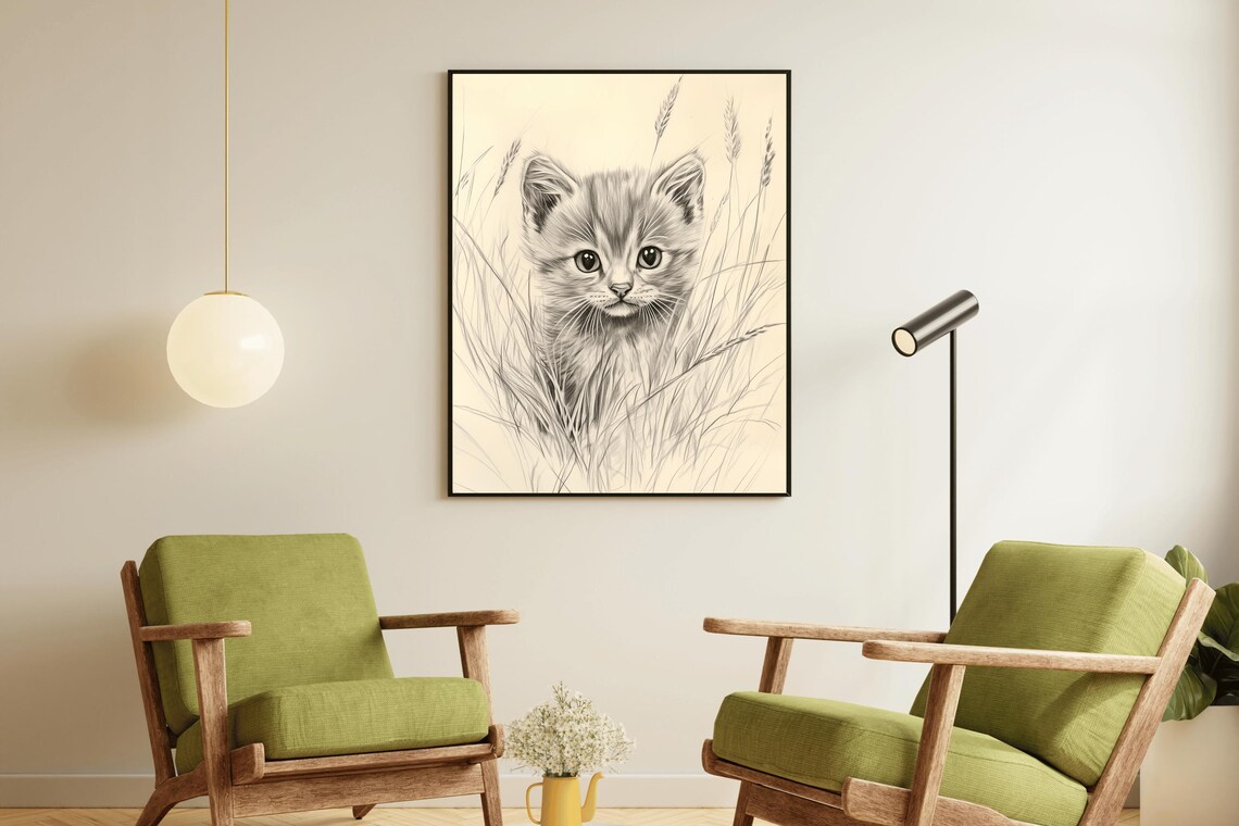 Fluffy Kitten Pencil Sketch Vintage Nursery Cat Drawing Wall Art Poster - Image 2