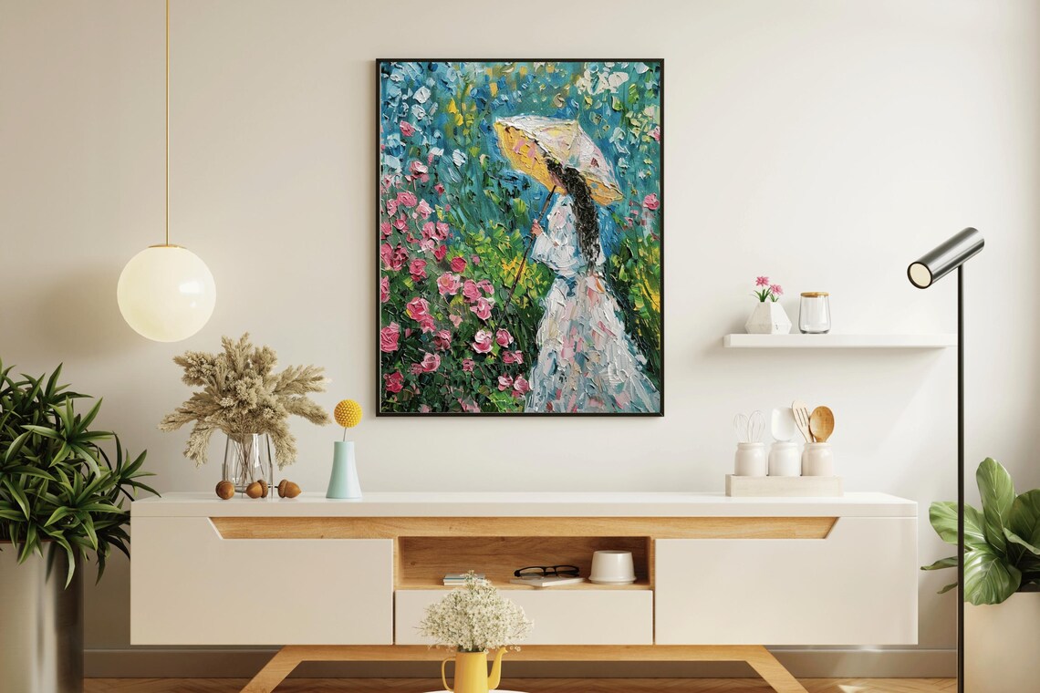 Vintage Oil Painting Woman With Parasol In Flower Garden Wall Art Large Bedroom Decor Home And Nursery Gift Wall Art Gift - Image 4