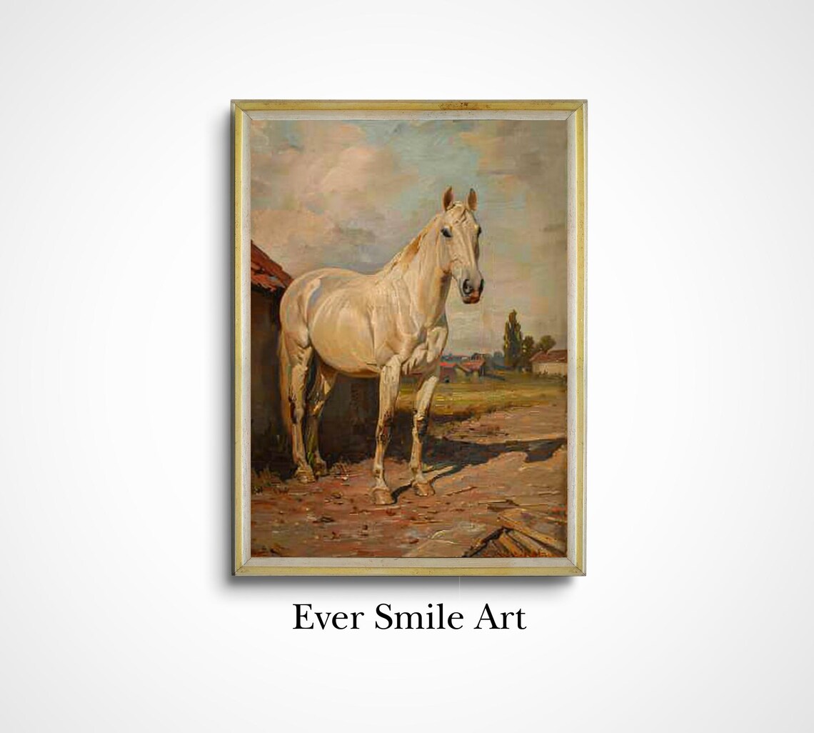 White Horse Standing Farmyard Classic Traditional Equine Oil Painting