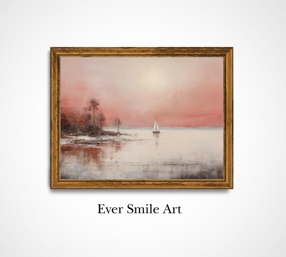 Sailboat Pink Sunset Calm Sea Vintage Oil Painting Coastal Poster
