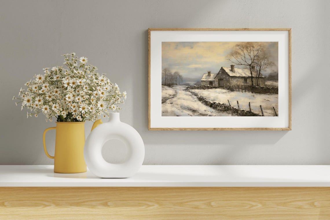 Snowy Stone Farmhouse Winter Path Vintage Landscape Oil Painting - Image 5