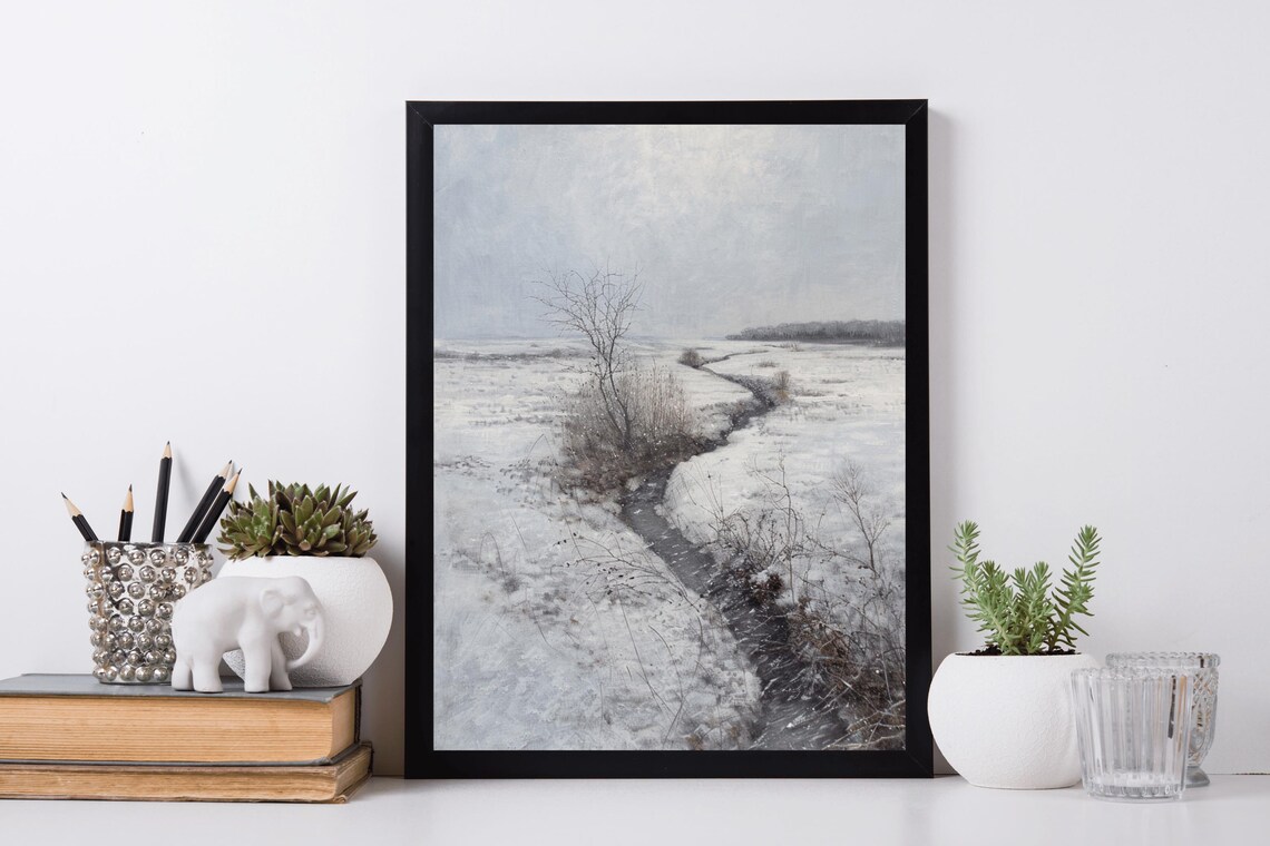 Snowy Field Winding Stream Minimalist Winter Vintage Oil Painting - Image 5