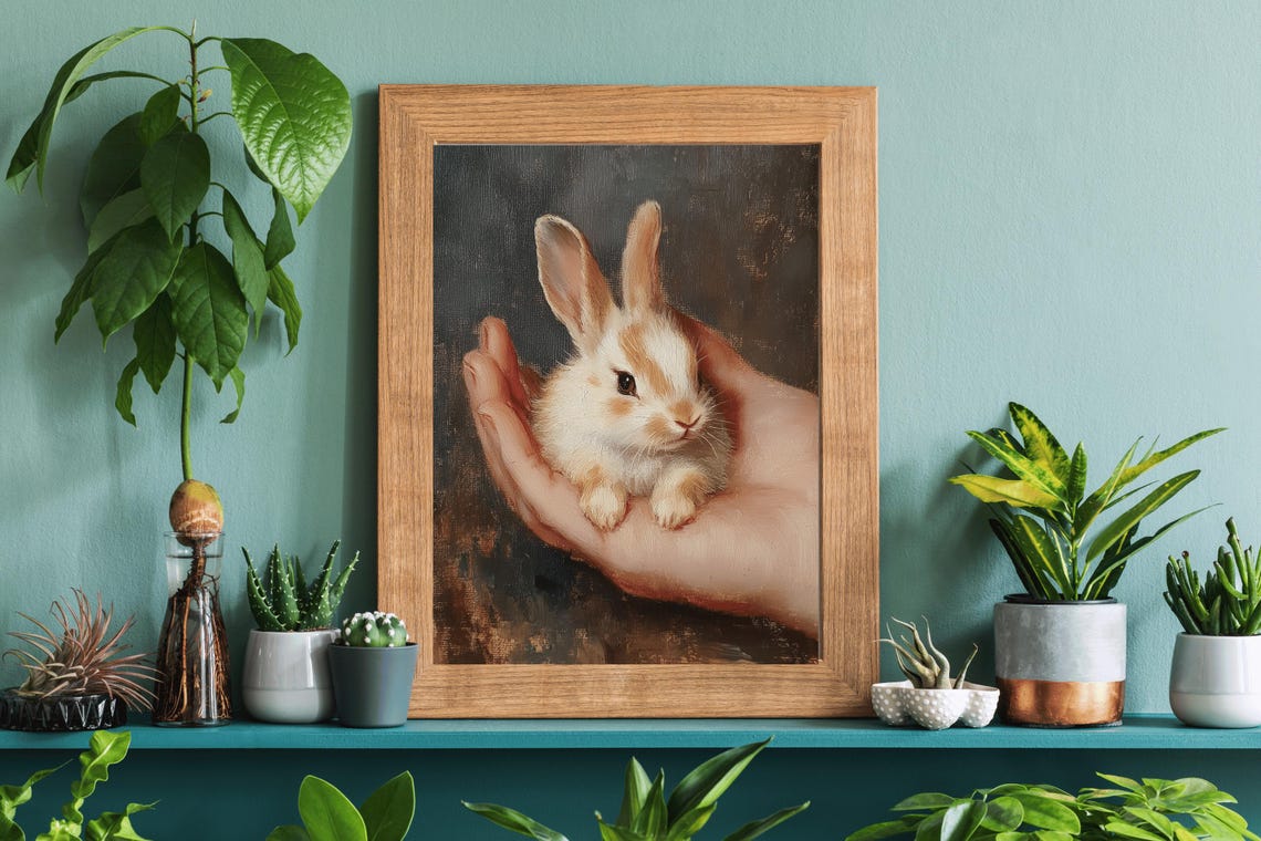 Tiny Bunny In Cupped Hands Vintage Oil Painting Nursery Wall Art - Image 4