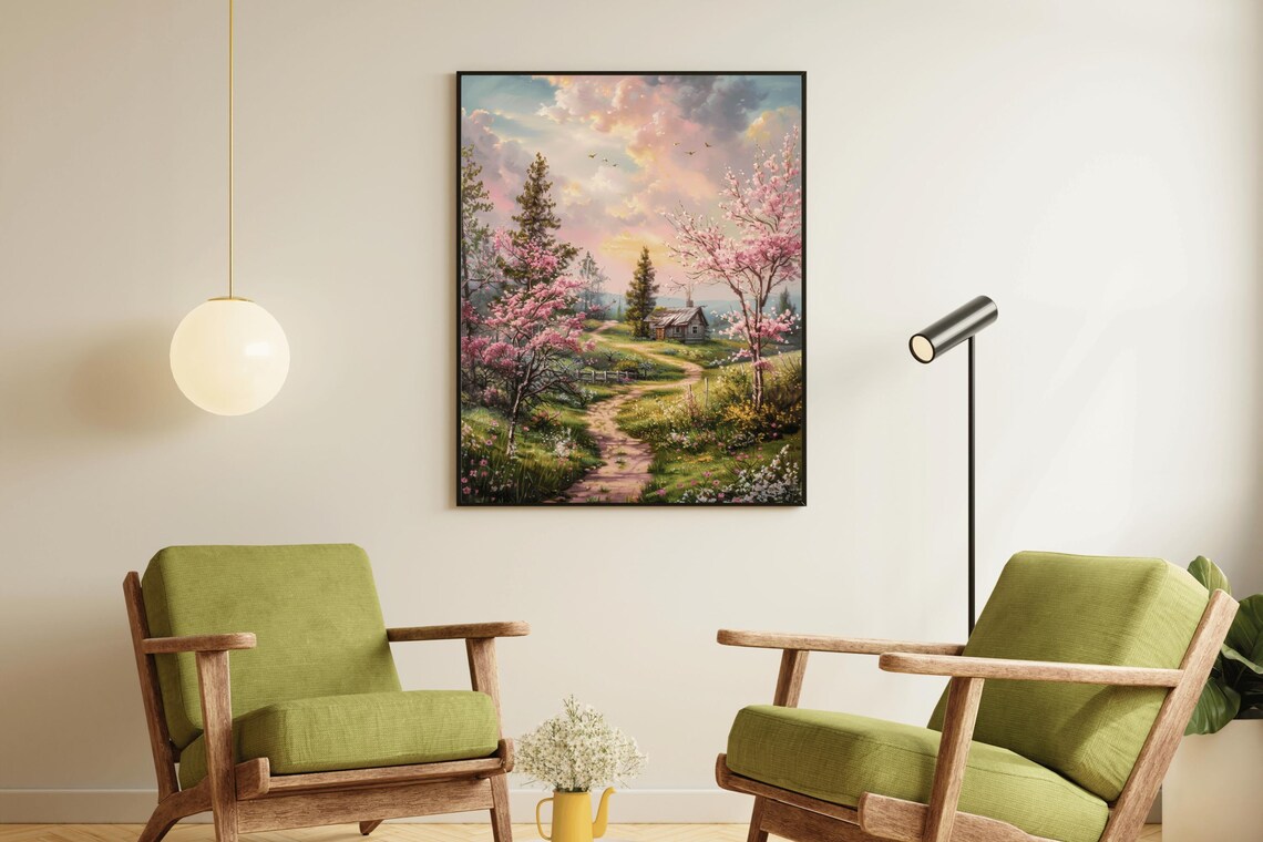 Blossom Path Rustic Cabin Pink Sunset Sky Spring Country Landscape Poster - Image 2