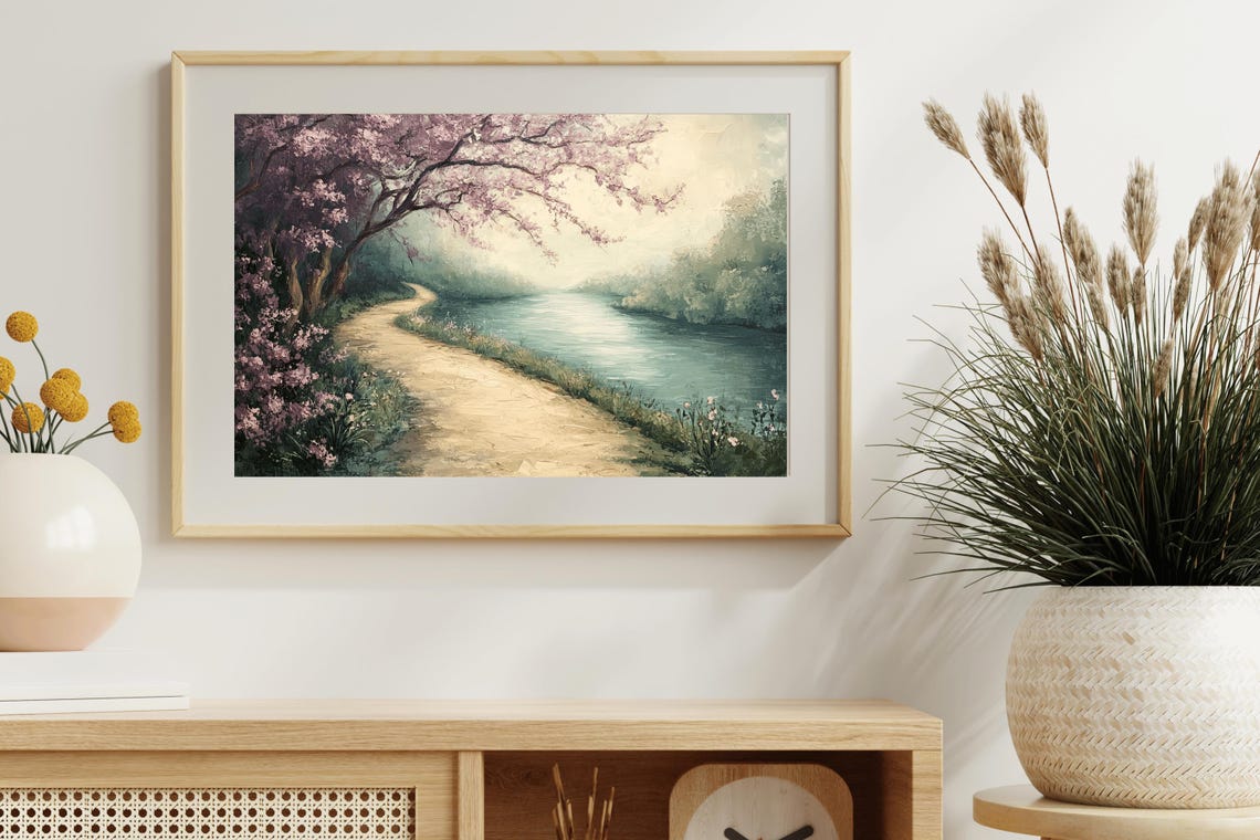 Cherry Blossom Tree Over River Path Misty Spring Landscape Poster - Image 4