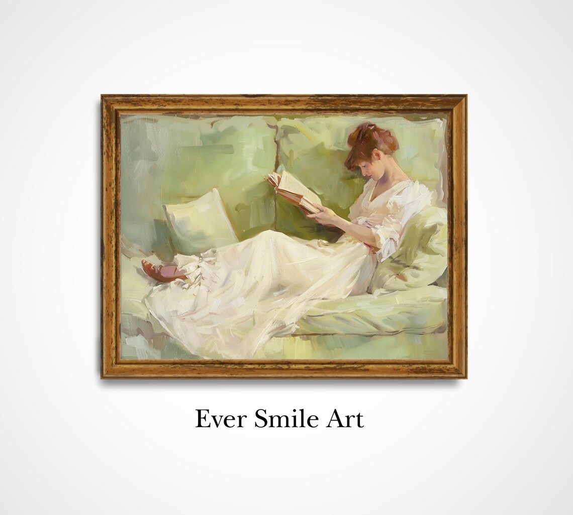Woman Reading Book On Chaise Vintage Light Academia Wall Art Poster
