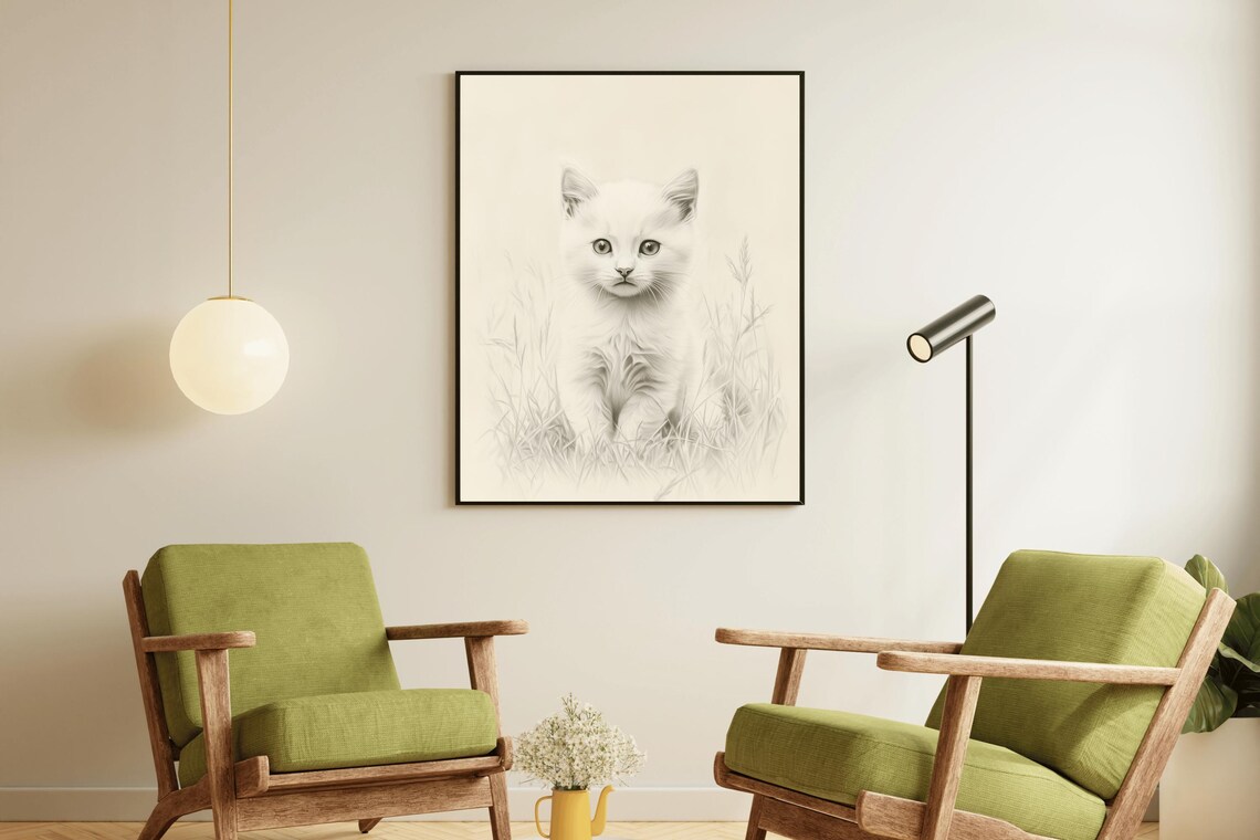 White Kitten Pencil Sketch Vintage Cat Drawing Nursery Wall Art Poster - Image 2