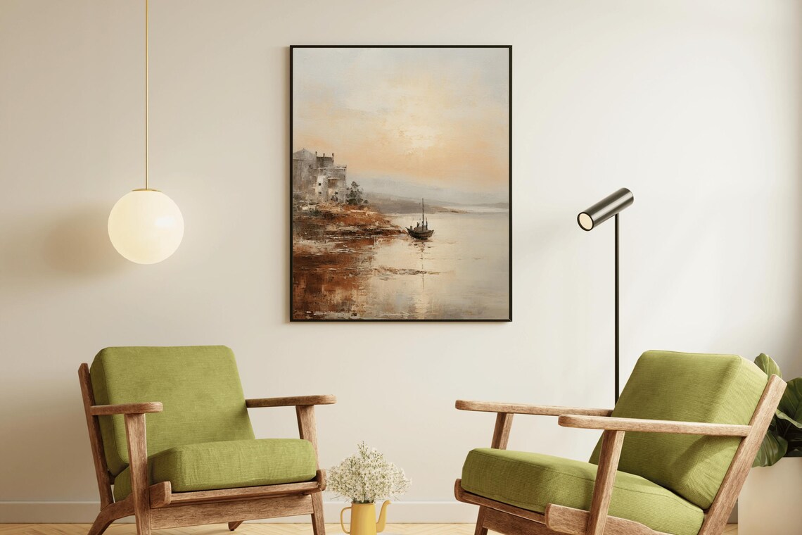 Fishing Village Sunset Dusk Boat Vintage Oil Painting Coastal Poster - Image 2