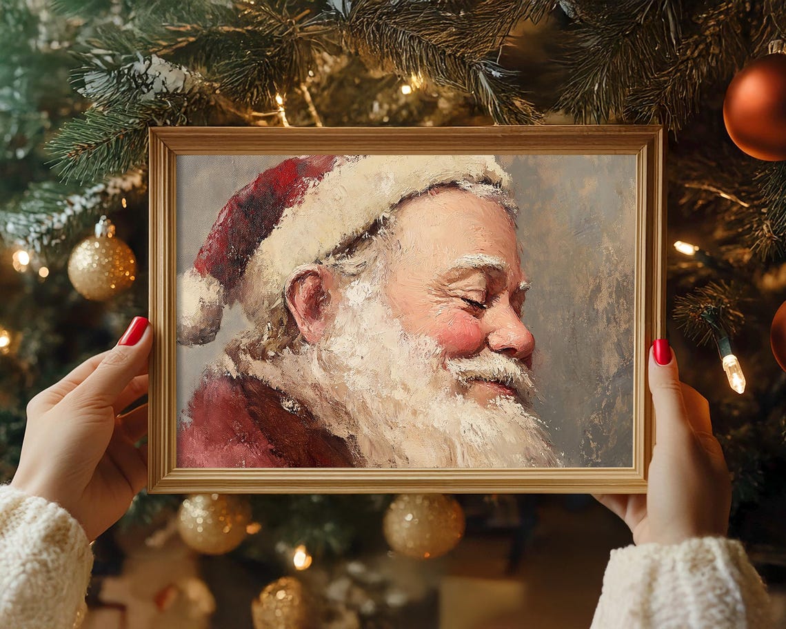 Antique Vintage Santa Claus Portrait Print Smiling Santa Claus Close Up Portrait Wall Art Christmas Scene Painting Neutral Print - Image 8