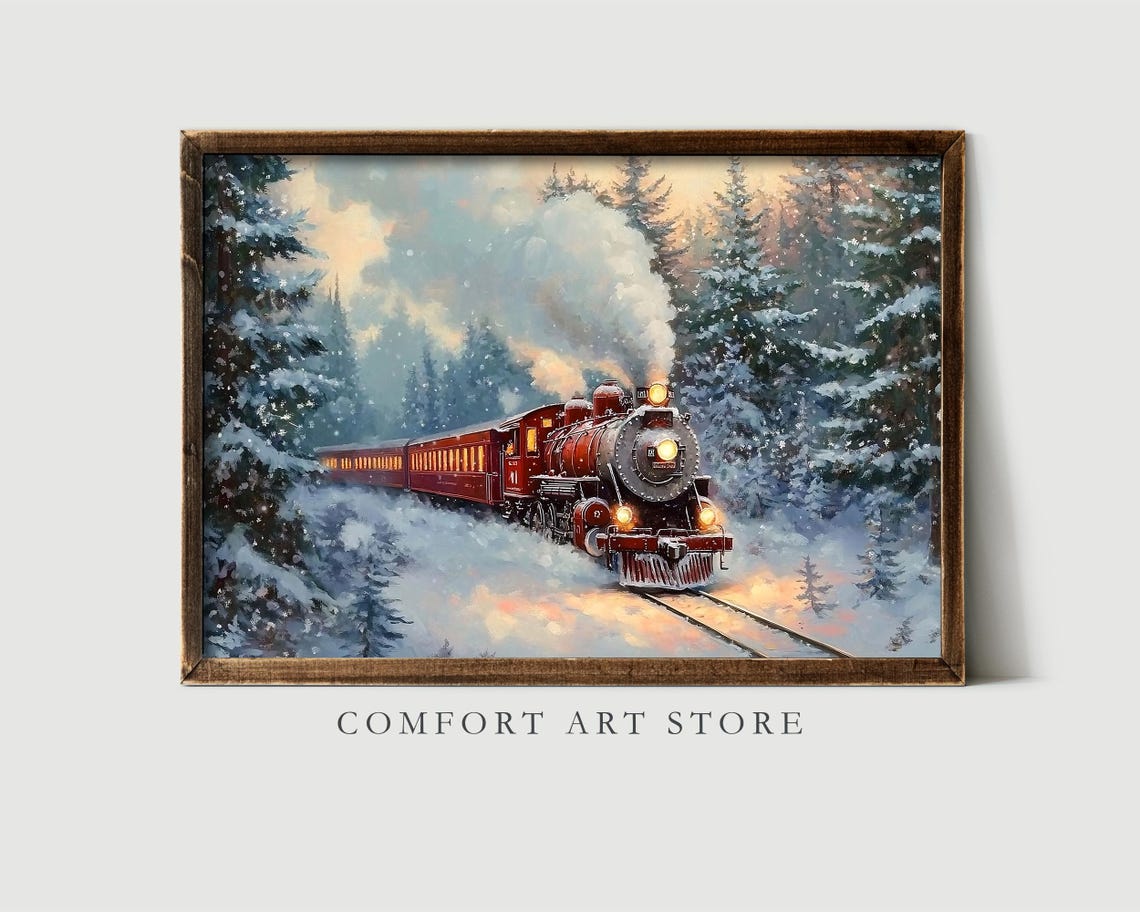 Red Steam Train Chugging Through Snowy Winter Evergreens Wall Art - Image 6