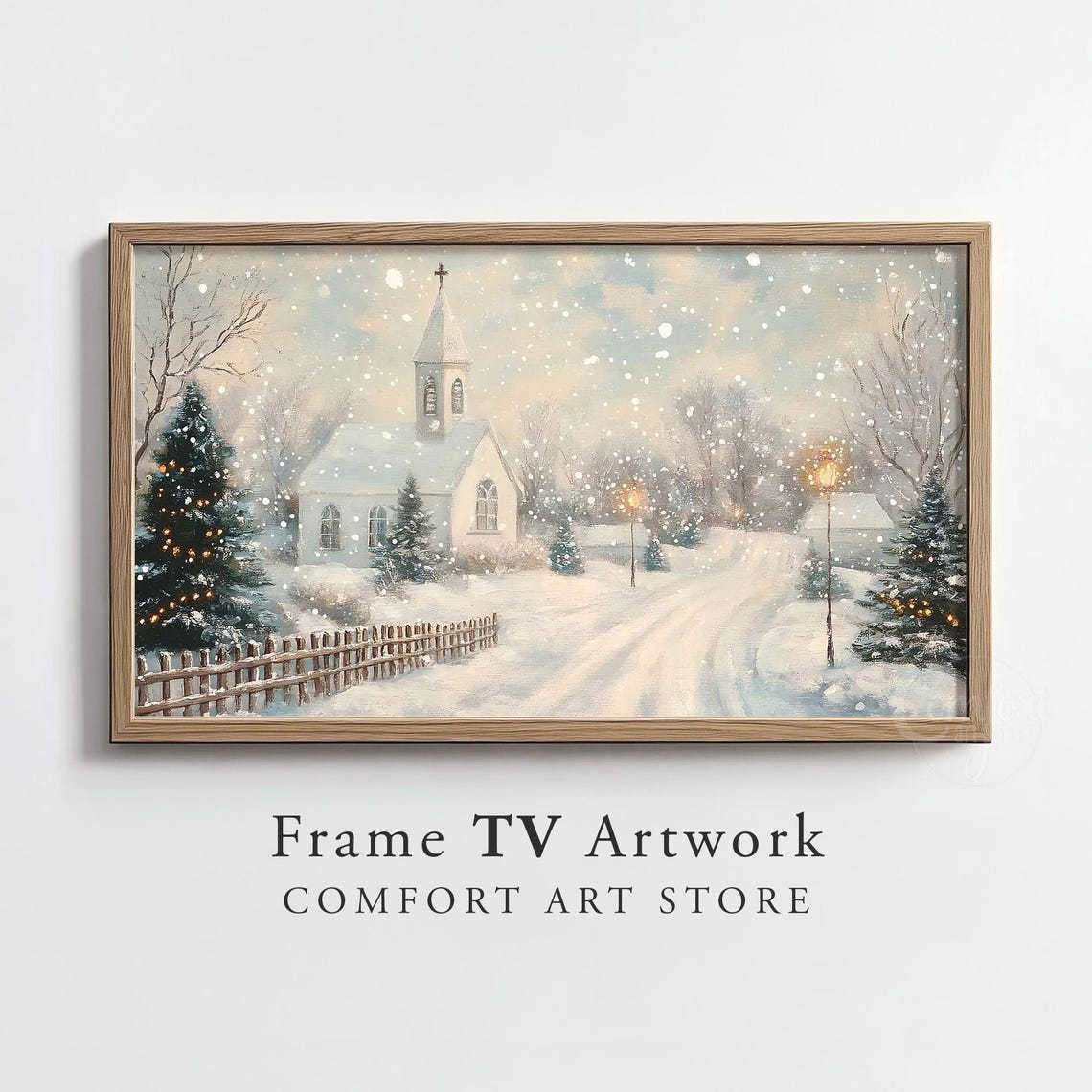 Frame Tv Art Snowy Village Vintage Christmas Antique Winter Scene Neutral Landscape Winter Seasonal Decor Church Painting Frame Art
