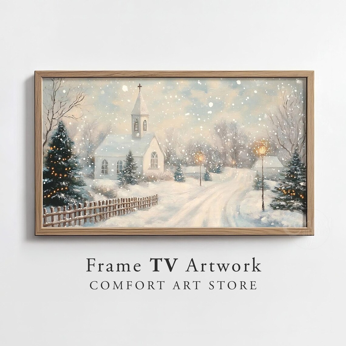 Snowy Country Church With Lamp Posts and Christmas Tree Poster