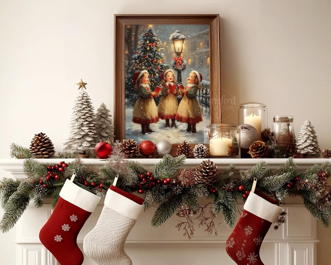 Victorian Girls Caroling in the Snow Vintage Christmas Poster - Image 5