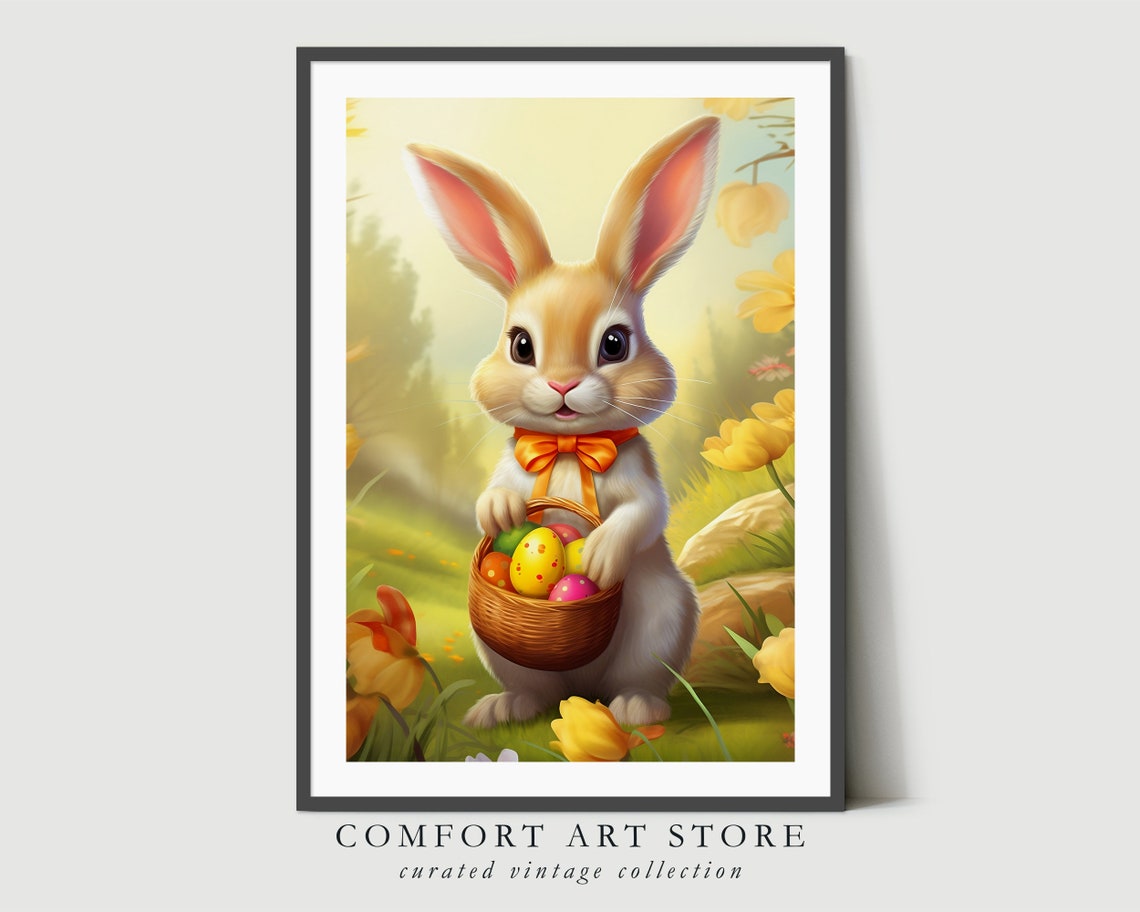 Cute Easter Bunny with Basket of Painted Eggs in Spring Wall Art - Image 6