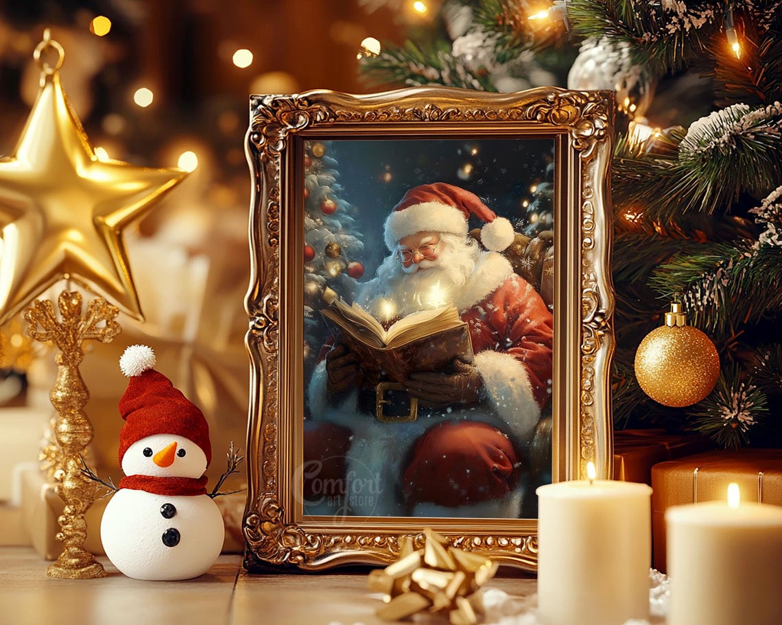 Santa Claus Reading a Glowing Magic Book at Christmas Tree Poster - Image 5