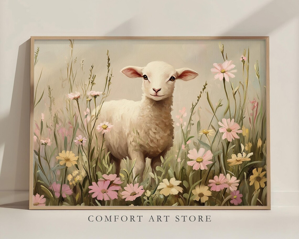 Cute Easter Lamb, Vintage Spring Wildflower Art Print - Image 2