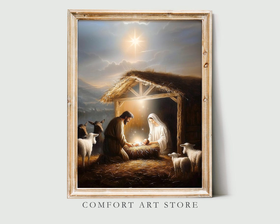 Peaceful Holy Family Nativity in Stable with Animals Star Poster