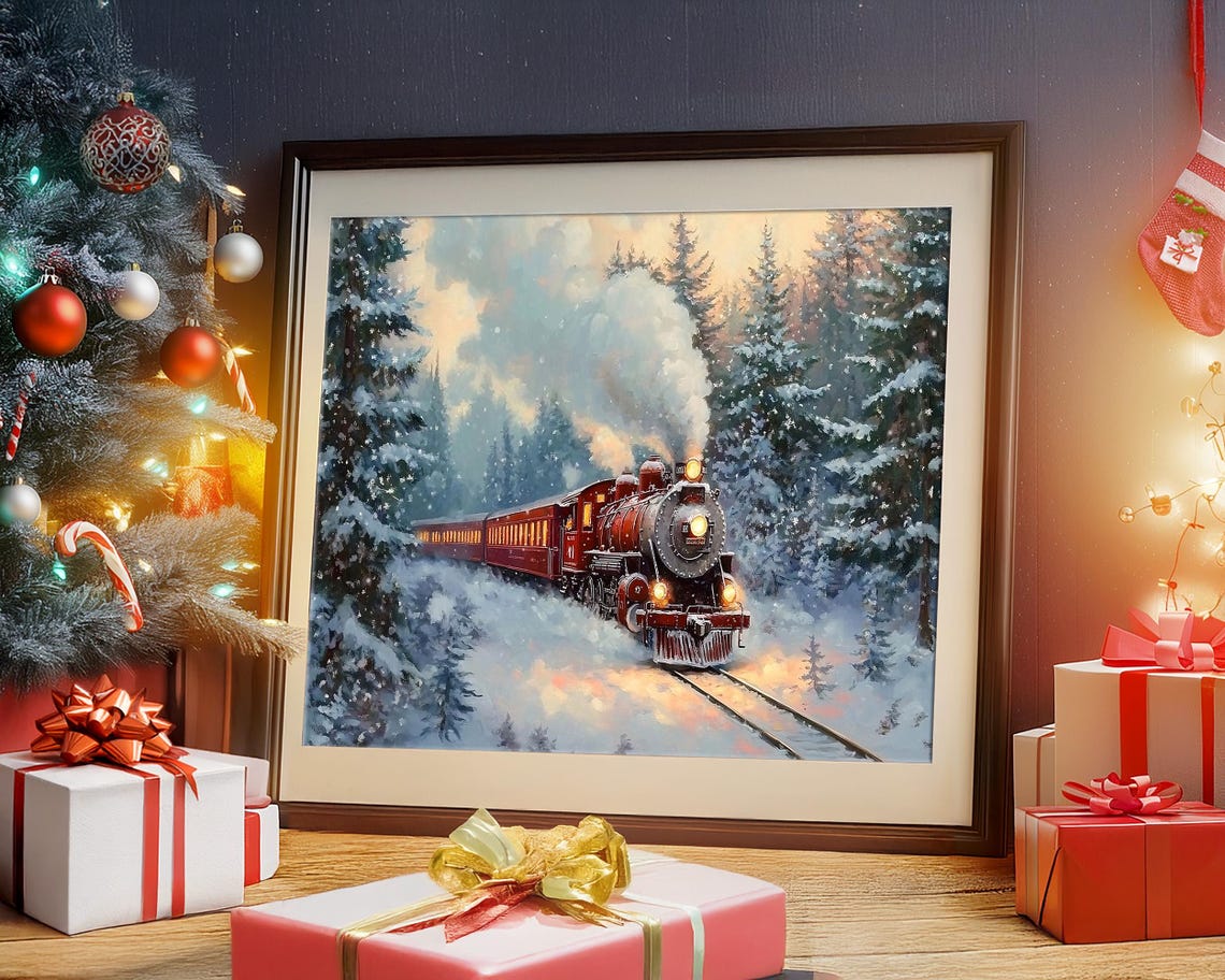 Red Steam Train Chugging Through Snowy Winter Evergreens Wall Art - Image 3