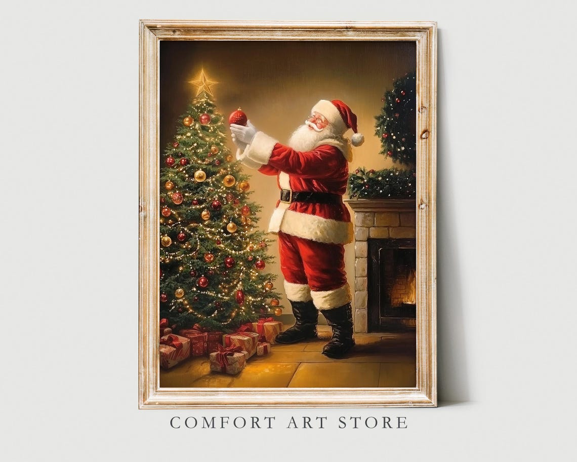 Vintage Santa Claus Decorating Christmas Tree by Fireplace Poster