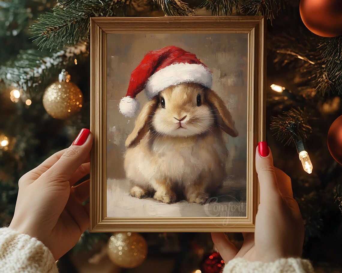 Precious Sweet Lop Eared Bunny in Santa Hat Holiday Art Poster - Image 6