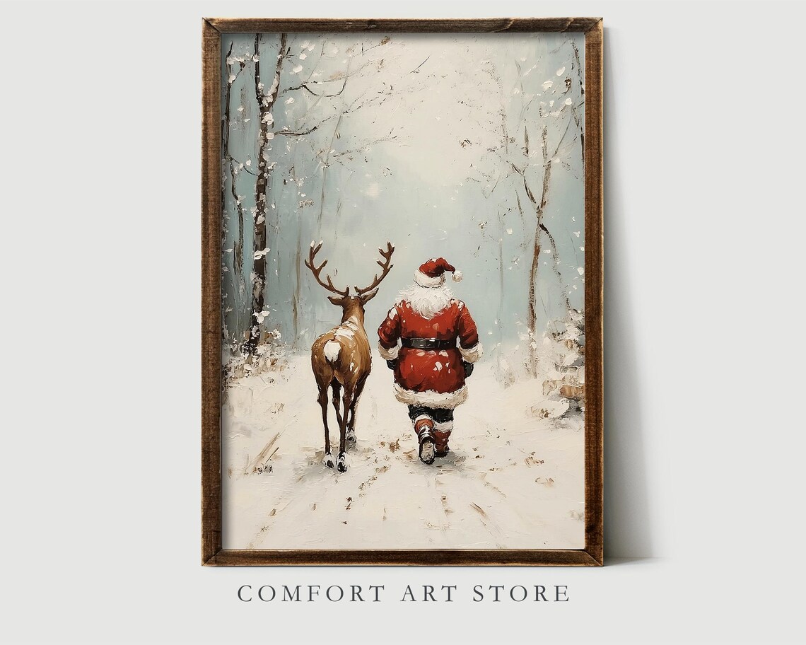Antique Vintage Christmas Santa Claus Print Santa Claus Reindeer Wall Art Christmas Scene Neutral Print Holiday Winter Landscape - Image 5