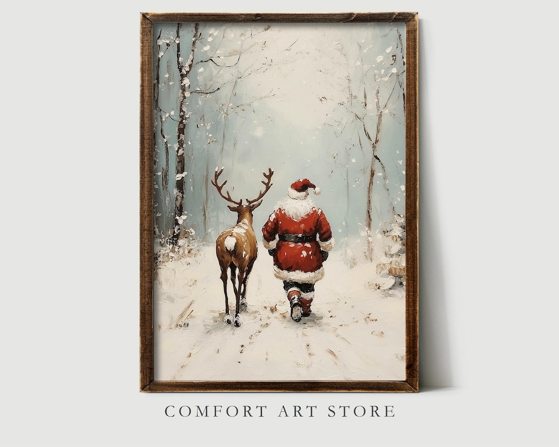 Santa Claus Walking With Reindeer in a Snowy Winter Forest Poster - Image 5