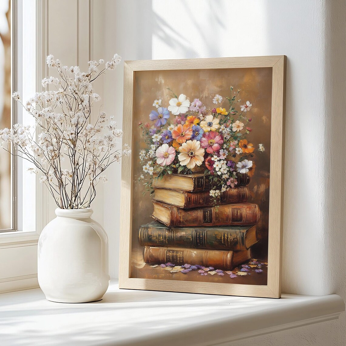 Easter Book Stack Print Floral Spring Wall Art Neutral Spring Flower Dark Academia Decor Spring Wildflower Moody Vintage Bouquet - Image 3