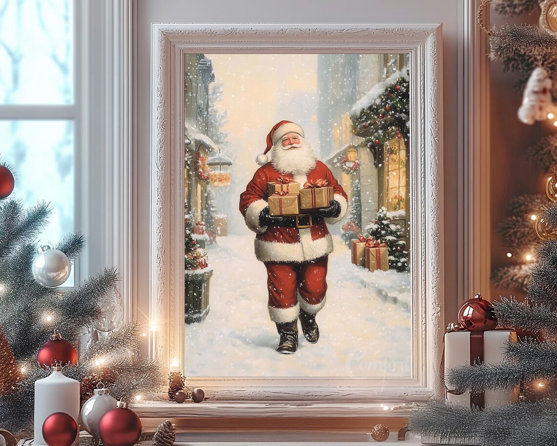 Santa Claus with Armful of Gifts in Snowy Village Street Wall Art - Image 8