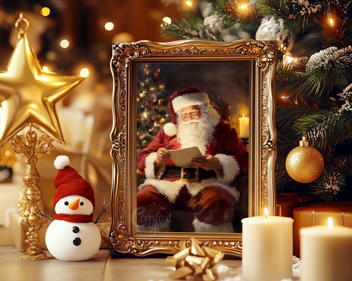Santa Claus Reading Notes Beside the Christmas Tree Vintage Poster - Image 6