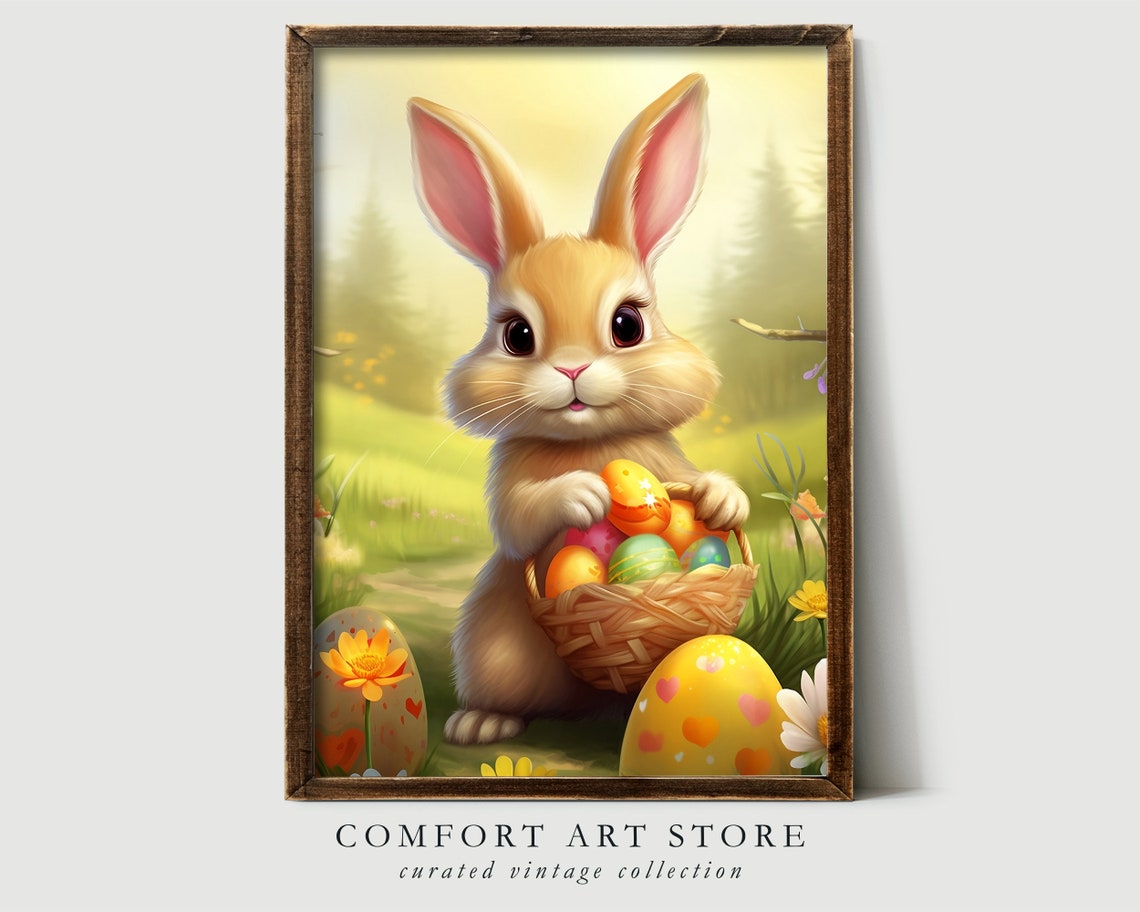 Adorable Bunny Holding Easter Egg Basket in Spring Meadow Wall Art - Image 7