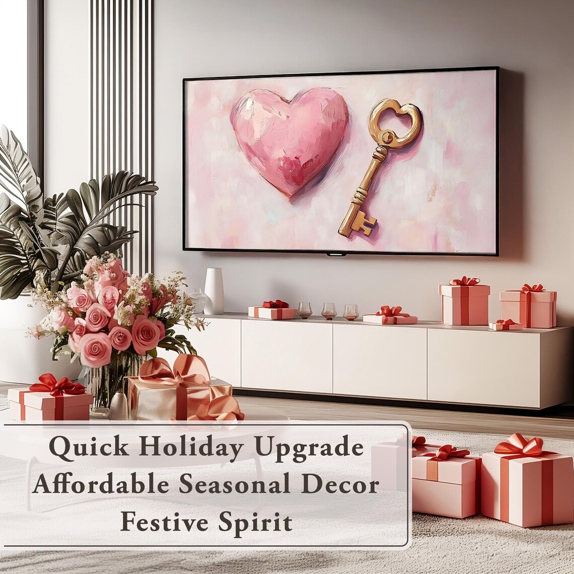 Pink Heart Antique Gold Key Oil Painting Romantic Decor Poster - Image 5