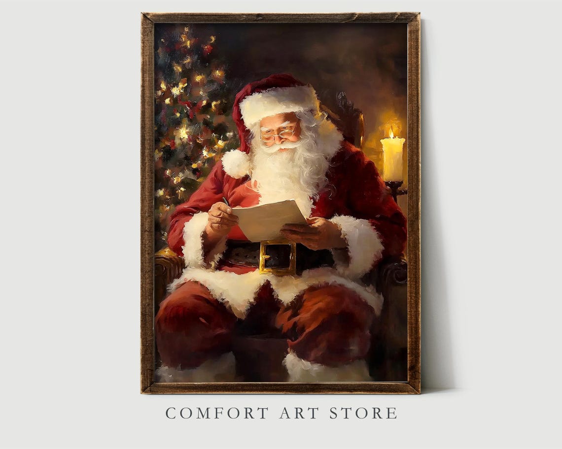 Santa Claus Reading Notes Beside the Christmas Tree Vintage Poster - Image 2