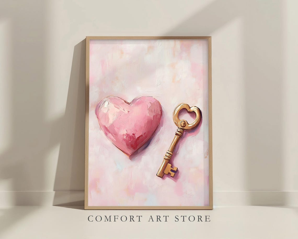 Pink Heart and Golden Skeleton Key Romantic Valentine Art Poster