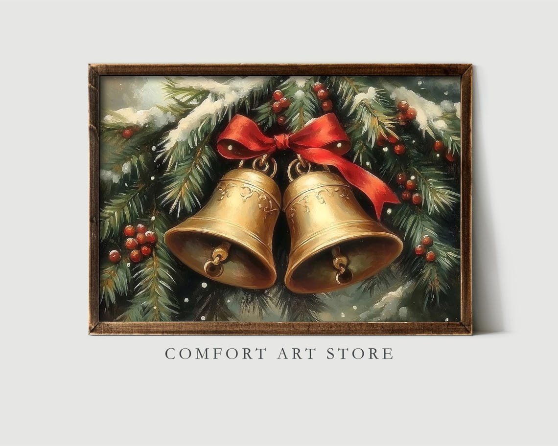 Elegant Two Golden Christmas Bells Red Bow Snowy Branches Poster - Image 2