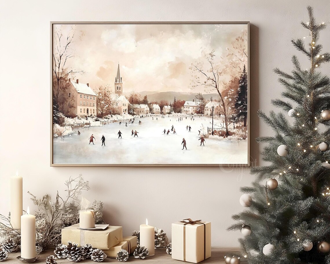 Vintage Ice Skating Winter Village Frozen Lake Christmas Scene Poster - Image 5