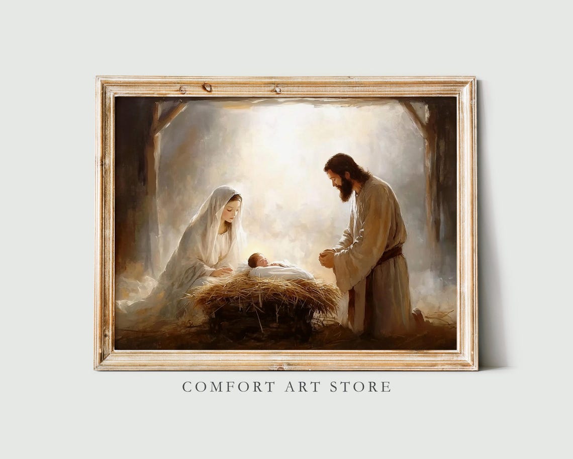 Mary and Joseph Adoring Baby Jesus in the Manger Stable Poster