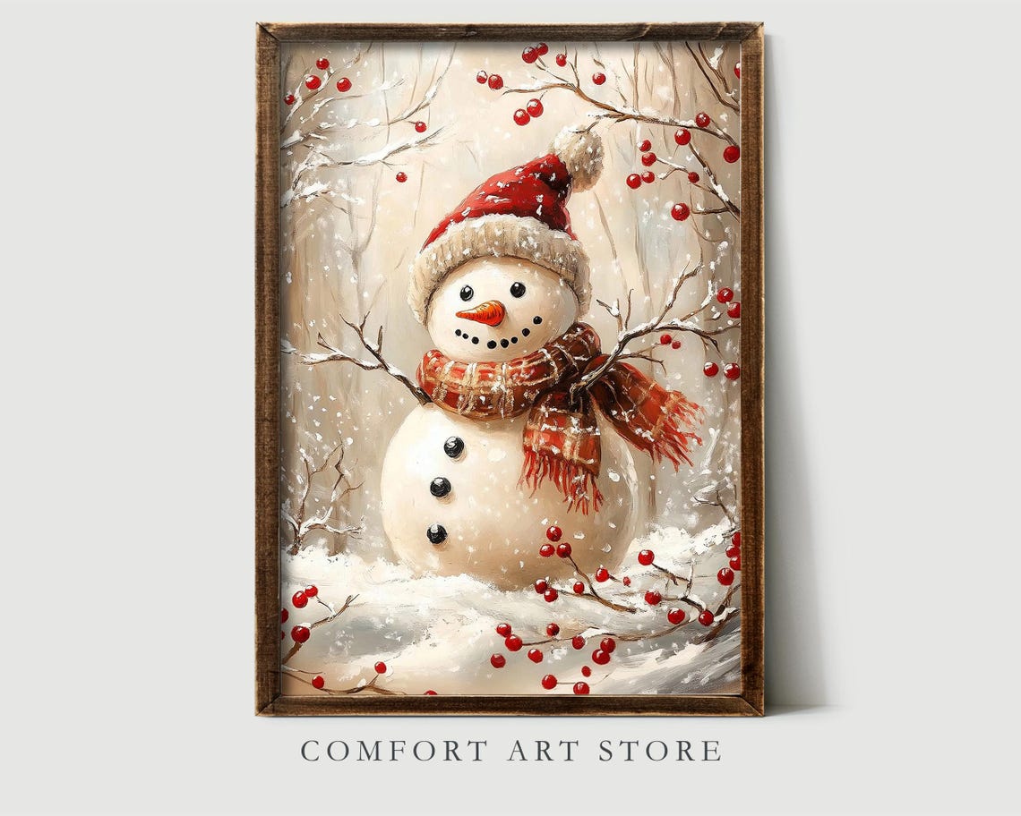 Snowman in Red Knit Hat with Plaid Scarf Winter Watercolor Wall Art - Image 2
