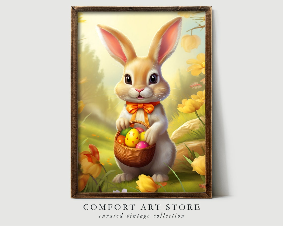 Cute Easter Bunny with Basket of Painted Eggs in Spring Wall Art - Image 7