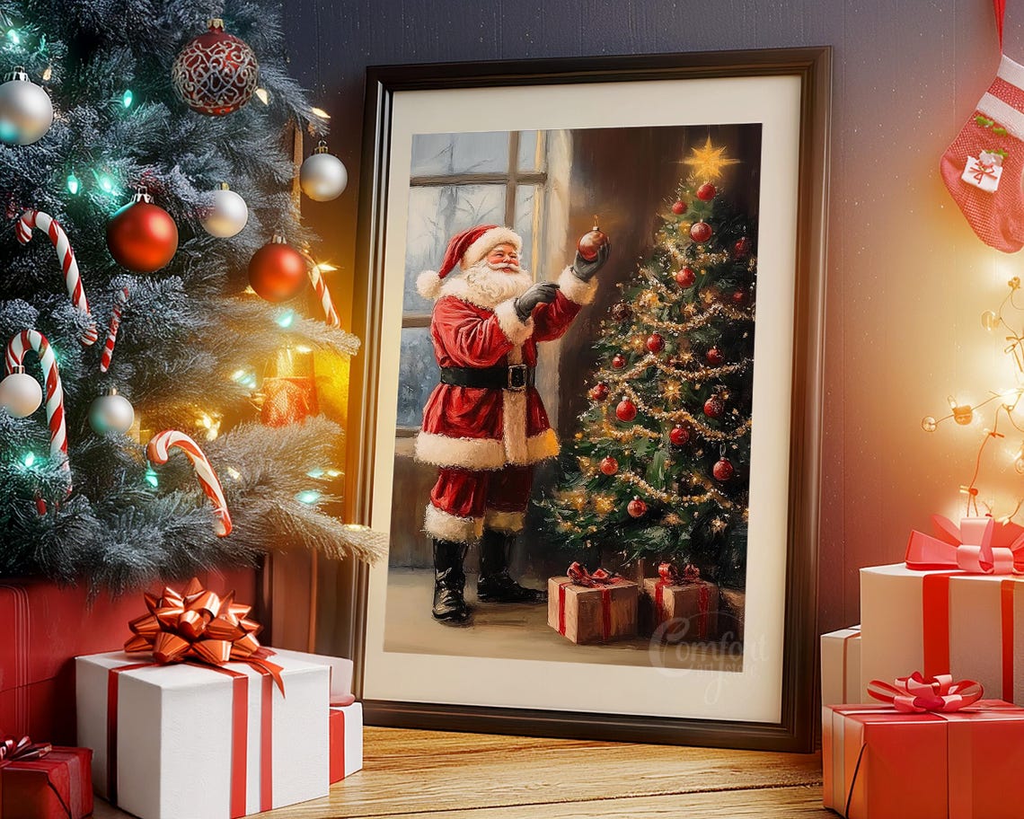 Santa Claus Decorating Christmas Tree by Snowy Window Scene Poster - Image 3
