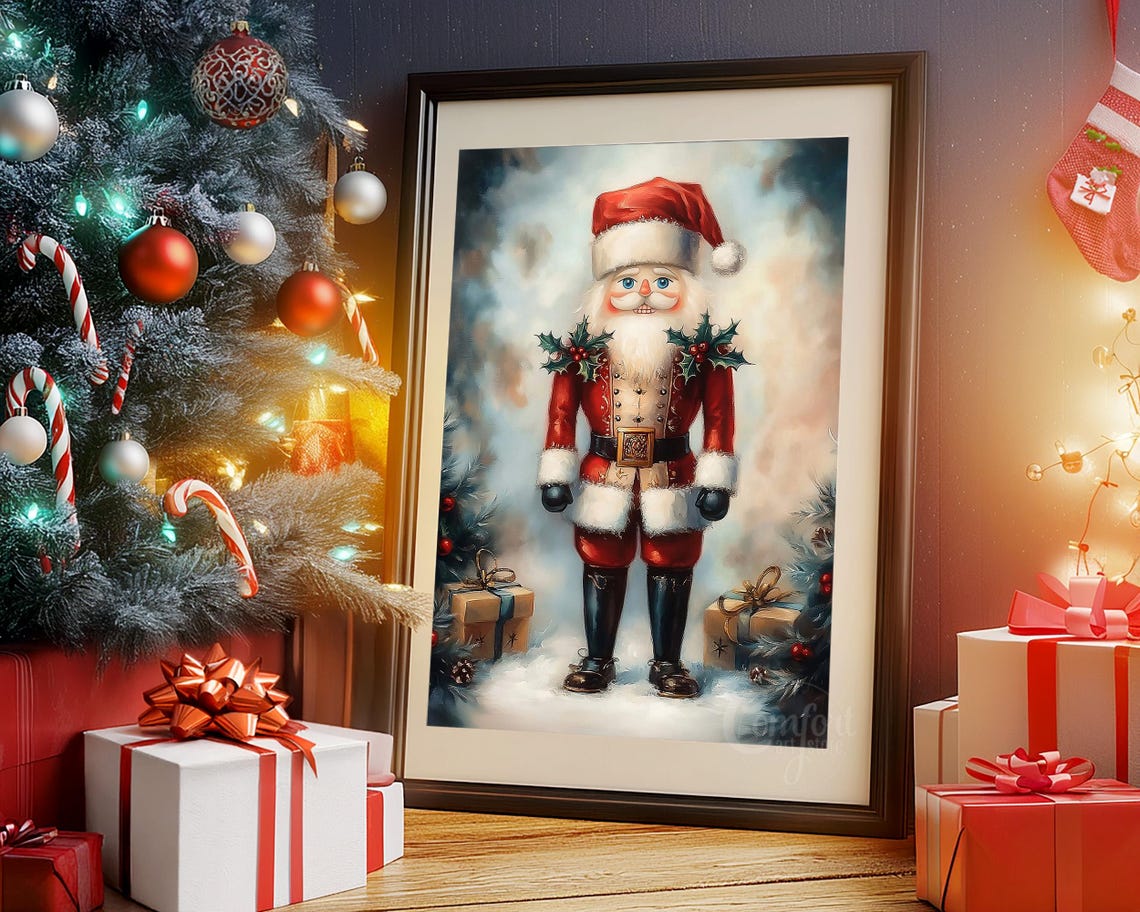 Nutcracker Soldier Wearing Santa Hat with Holly Sprigs Wall Art - Image 4