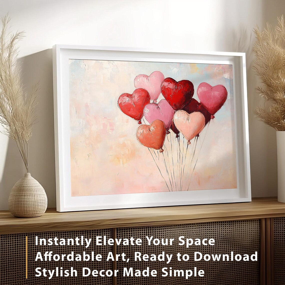 Valentine Red Pink Heart Balloons Bouquet Oil Painting Romantic Poster - Image 2