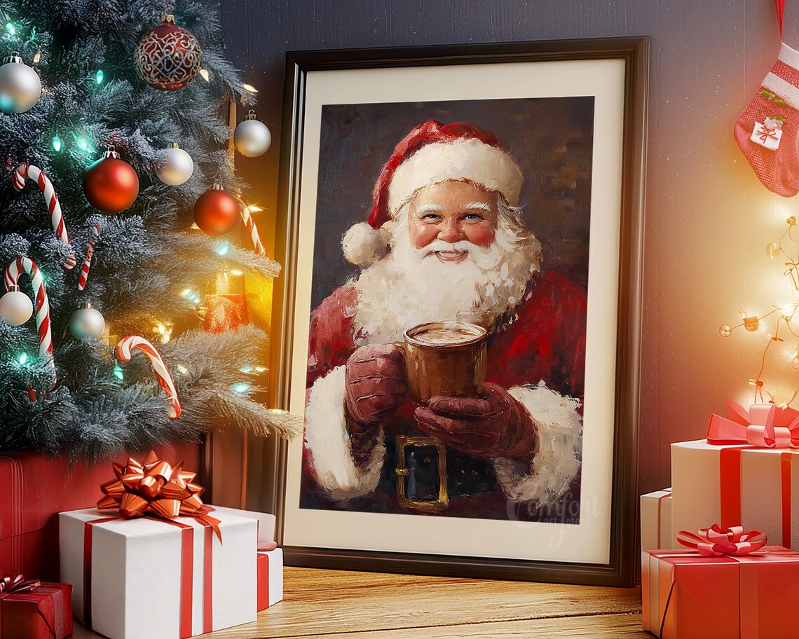 Santa Claus Holding Hot Cocoa Vintage Oil Painting Cozy Holiday Poster - Image 3